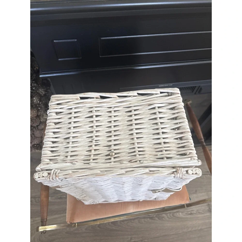 Vintage White Wicker Picnic Basket Set Insulated Cooler Red Gingham Lining